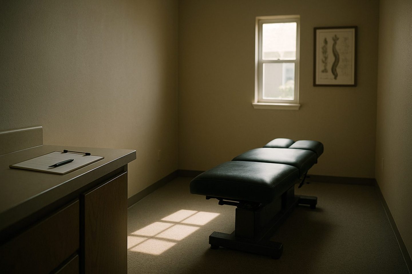 A quiet clinic exam room with a padded treatment table, afternoon light through a single window, and a clipboard with a pen on the counter.