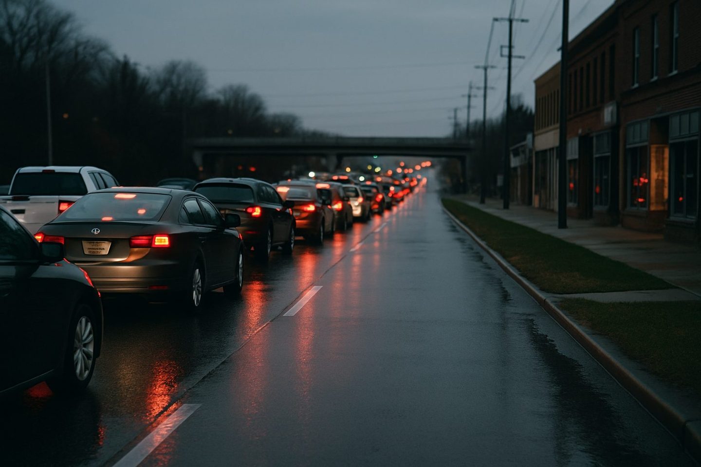 A line of brake lights on a wet suburban arterial at dusk, an overpass ahead and brick storefronts along the right side.