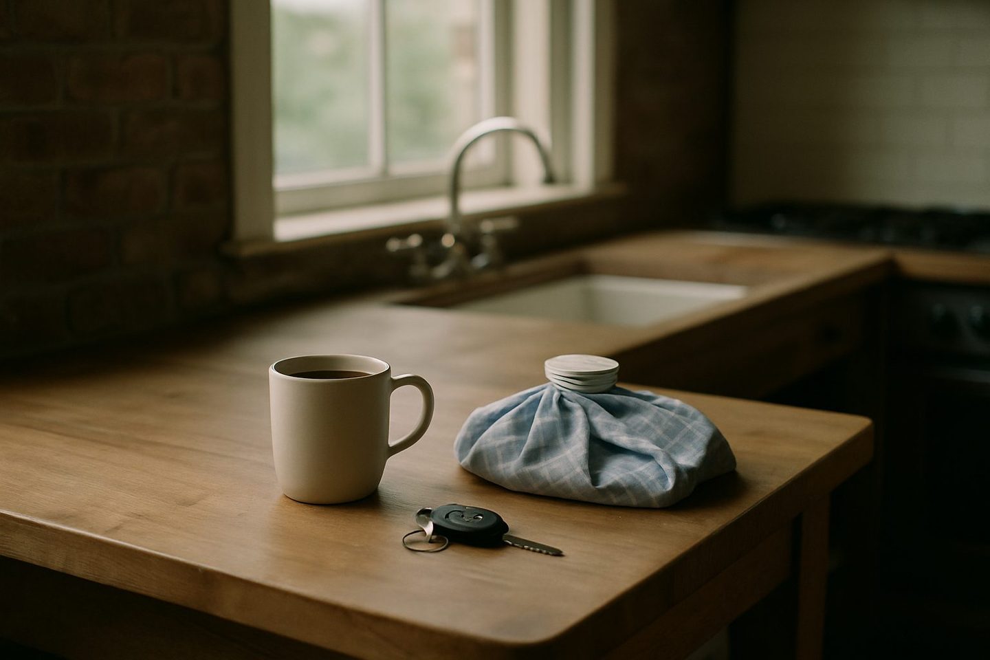 A coffee mug, car keys, and an ice bag wrapped in a checked towel on a wooden kitchen counter in morning light.