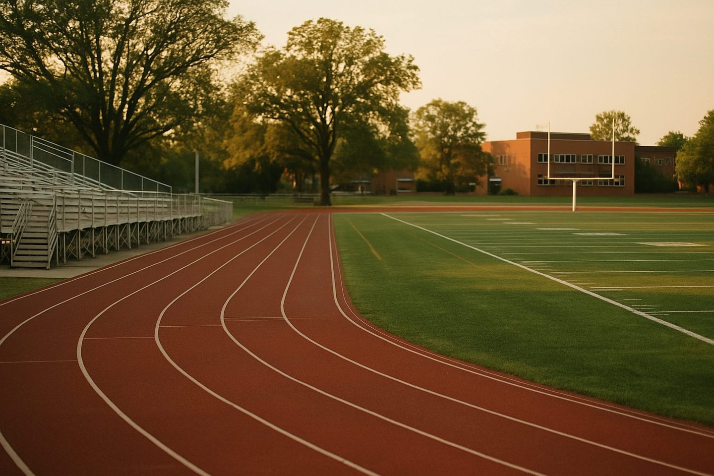 An empty red running track curving past aluminum bleachers toward a football field and a brick school building at golden hour.